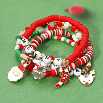 Fashnzfab 5pcs - Santa Candy Cane Reindeer Charm Merry Hohoho Message Heishi Beaded Stretch Multi Layered Brac