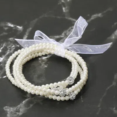 Fashnzfab 5pcs - Shamballa Ball Accent Pearl Beaded Stretch Multi Layered Bracelets In White