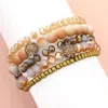 Fashnzfab 5pcs - Shamballa Ball Pointed Faceted Beaded Stretch Multi Layered Bracelets In Brown
