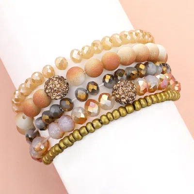Fashnzfab 5pcs - Shamballa Ball Pointed Faceted Beaded Stretch Multi Layered Bracelets In Brown
