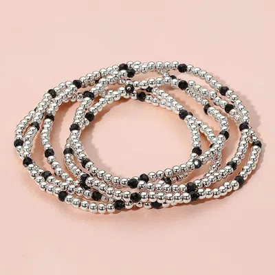 Fashnzfab 5pcs - Skinny Beaded Stretch Multi Layered Bracelets Black, Silver