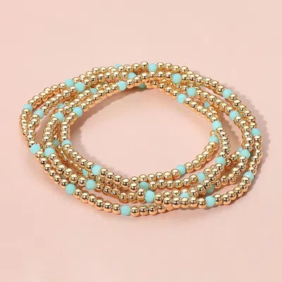 Fashnzfab 5pcs - Skinny Beaded Stretch Multi Layered Bracelets Gold, Turquoise