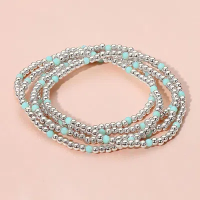 Fashnzfab 5pcs - Skinny Beaded Stretch Multi Layered Bracelets Silver, Turquoise