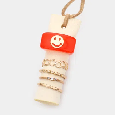 Fashnzfab 5pcs - Smile Accented Resin Metal Heart Mixed Rings In Red