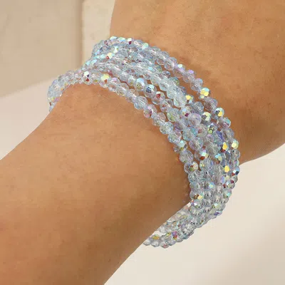 Fashnzfab 5pcs - Sparkling Faceted Beaded Stackable Stretch Multi Layered Bracelet Light Blue