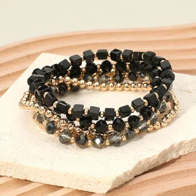 Fashnzfab 5pcs - Square Metal Ball Faceted Beaded Stretch Multi Layered Bracelets In Black
