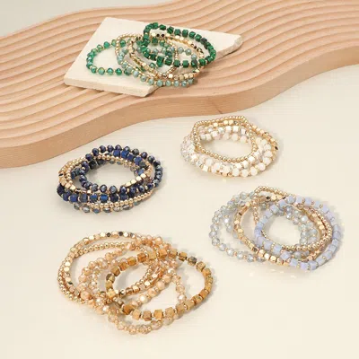 Fashnzfab 5pcs - Square Metal Ball Faceted Beaded Stretch Multi Layered Bracelets In White