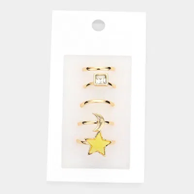 Fashnzfab 5pcs - Square Stone Metal Crescent Moon Druzy Star Mixed Rings - Gold, Yellow