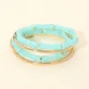 Fashnzfab 5pcs - Stackable Marbled Bamboo Beaded Stretch Metal Bangle Multi Layered Bracelets In Green