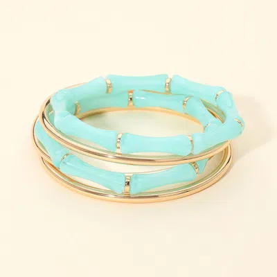 Fashnzfab 5pcs - Stackable Marbled Bamboo Beaded Stretch Metal Bangle Multi Layered Bracelets In Green