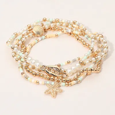 Fashnzfab 5pcs - Starfish Seashell Charm Pearl Seed Beaded Stretch Multi Layered Bracelets In Green