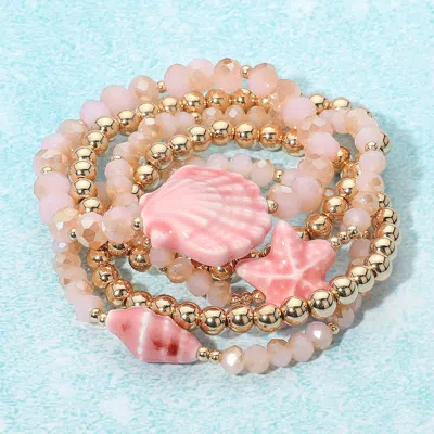 Fashnzfab 5pcs - Starfish Shell Accent Faceted Beaded Stretch Multi Layered Bracelets
