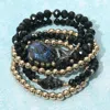 Fashnzfab 5pcs - Starfish Shell Accent Faceted Beaded Stretch Multi Layered Bracelets In Black