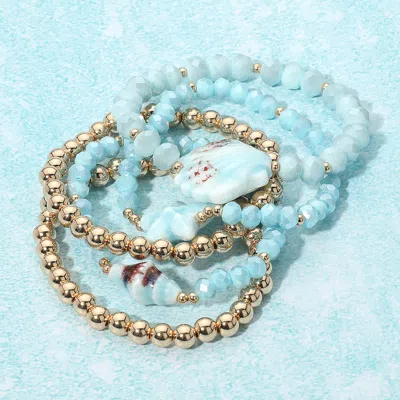 Fashnzfab 5pcs - Starfish Shell Accent Faceted Beaded Stretch Multi Layered Bracelets In Blue