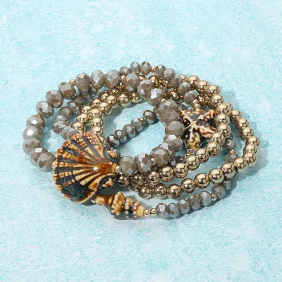 Fashnzfab 5pcs - Starfish Shell Accent Faceted Beaded Stretch Multi Layered Bracelets In Brown