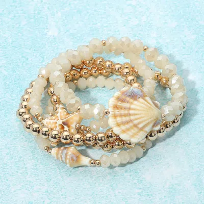 Fashnzfab 5pcs - Starfish Shell Accent Faceted Beaded Stretch Multi Layered Bracelets In Sand