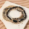 Fashnzfab 5pcs - Stone Charm Pointed Metal Ball Pearl Faceted Beaded Stretch Multi Layered Bracelets In Black