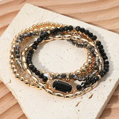 Fashnzfab 5pcs - Stone Charm Pointed Metal Ball Pearl Faceted Beaded Stretch Multi Layered Bracelets In Black