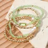 Fashnzfab 5pcs - Stone Charm Pointed Metal Ball Pearl Faceted Beaded Stretch Multi Layered Bracelets In Green