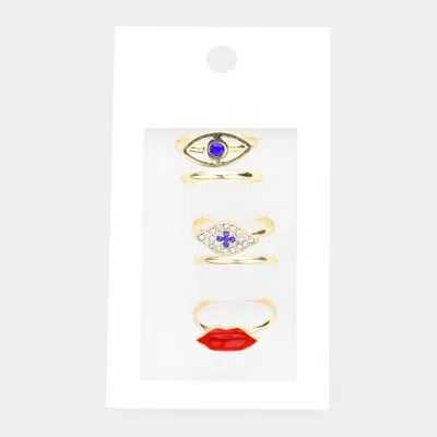 Fashnzfab 5pcs - Stone Embellished Evil Eye Enamel Lip Mixed Rings - Gold