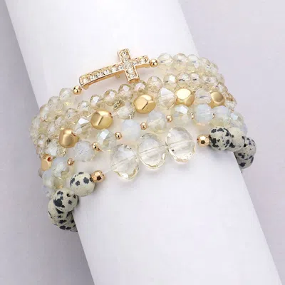 Fashnzfab 5pcs - Stone Paved Cross Pendant Pointed Faceted Beaded Multi Layered Bracelets