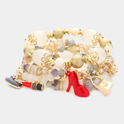 Fashnzfab 5pcs - Tote Bag Flip Flop Stiletto Heel Lipstick Charm Multi Beaded Stretch Bracelets In White