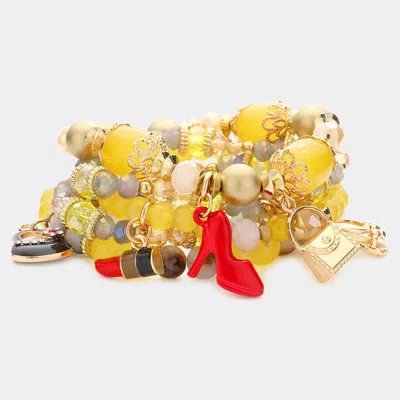 Fashnzfab 5pcs - Tote Bag Flip Flop Stiletto Heel Lipstick Charm Multi Beaded Stretch Bracelets In Yellow