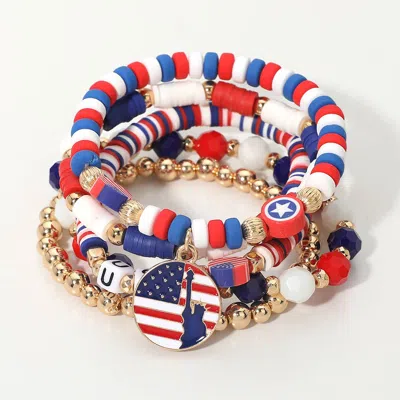 Fashnzfab 5pcs - America Usa Flag Charm Heishi Beaded Stretch Multi Layered Bracelets