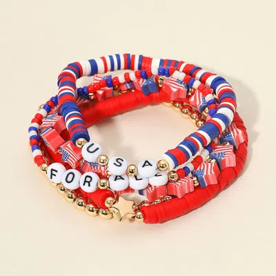 Fashnzfab 5pcs - American Usa Flag Star Charm For All Usa Message Heishi Beaded Stretch Multi Layered Bracelet