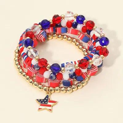 Fashnzfab 5pcs - American Usa Flag Star Charm Heishi Faceted Beaded Stretch Multi Layered Bracelets