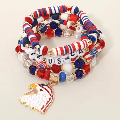 Fashnzfab 5pcs - American Usa Patriotic Charm Beaded Stretch Multi Layered Bracelets