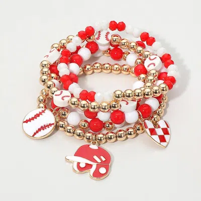 Fashnzfab 5pcs - Baseball Theme Charm Beaded Stretch Multi Layered Bracelets