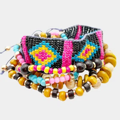 Fashnzfab 5pcs - Boho Patterned Beaded Wood Bracelets Multi In Pink