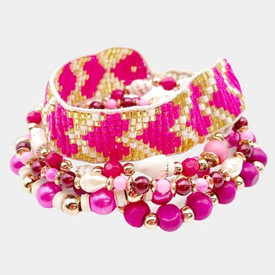 Fashnzfab 5pcs - Chevron Patterned Beaded Wood Conch Bracelets Fuchsia, Multi In Red