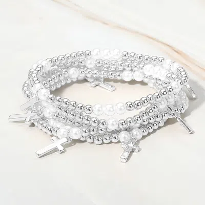 Fashnzfab 5pcs - Cross Charm Pearl Metal Ball Beaded Stretch Multi Layered Bracelets In White
