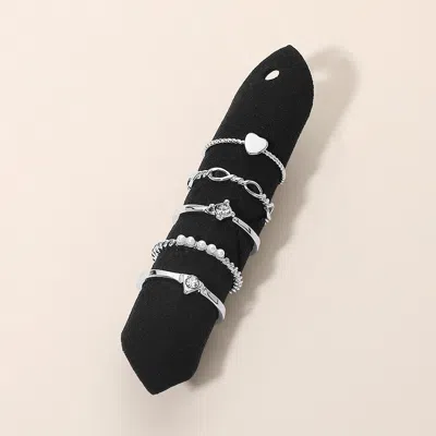 Fashnzfab 5pcs - Delicate Heart Pearl Accent Stackable Ring Set In Black