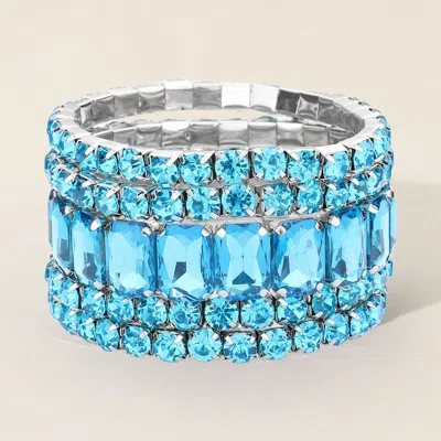 Fashnzfab 5pcs - Emerald Cut Round Stone Stretch Evening Bracelets In Blue