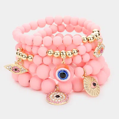 Fashnzfab 5pcs - Evil Eye Charm Beaded Stretch Bracelets Gold, Pink