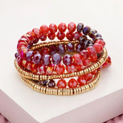 Fashnzfab 5pcs - Faceted Beaded Heishi Beaded Multi Layered Stretch Bracelet In Red