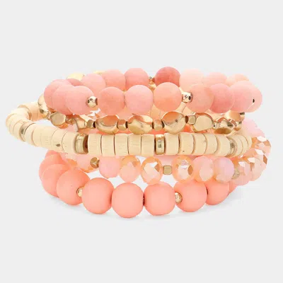 Fashnzfab 5pcs - Faceted Beads Wood Metal Stone Beaded Multi Layered Bracelets Dust Pink