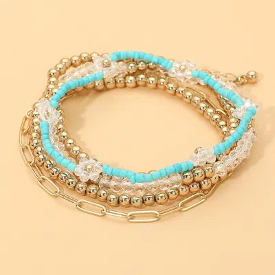 Fashnzfab 5pcs - Flower Beaded Metal Paperclip Link Multi Layered Bracelets