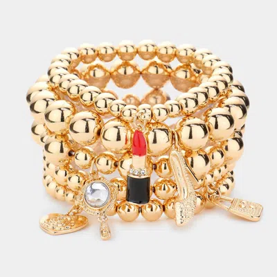 Fashnzfab 5pcs - Flower Heart Hand Mirror Lipstick Stiletto Hill Tote Bag Charm Beaded Stretch Bracelets In Gold