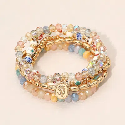Fashnzfab 5pcs - Flower Stem Embossed Oval Charm Faceted Beaded Stretch Multi Layered Bracelets
