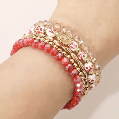 Fashnzfab 5pcs - Flower Stem Embossed Oval Charm Faceted Beaded Stretch Multi Layered Bracelets