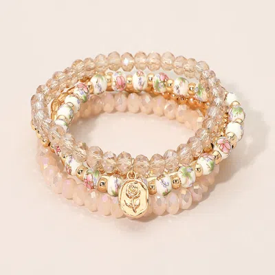 Fashnzfab 5pcs - Flower Stem Embossed Oval Charm Faceted Beaded Stretch Multi Layered Bracelets
