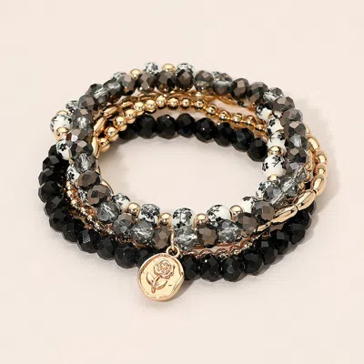 Fashnzfab 5pcs - Flower Stem Embossed Oval Charm Faceted Beaded Stretch Multi Layered Bracelets In Black