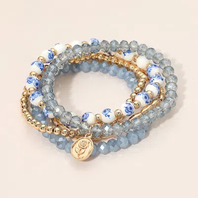 Fashnzfab 5pcs - Flower Stem Embossed Oval Charm Faceted Beaded Stretch Multi Layered Bracelets In Blue