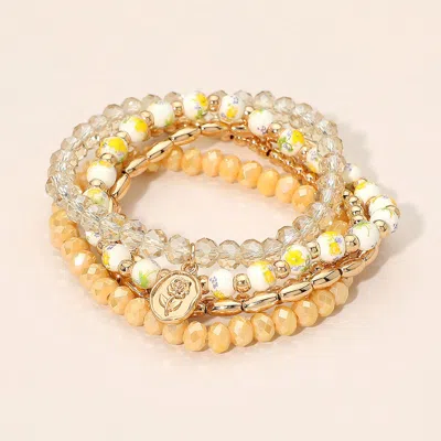 Fashnzfab 5pcs - Flower Stem Embossed Oval Charm Faceted Beaded Stretch Multi Layered Bracelets In Gold
