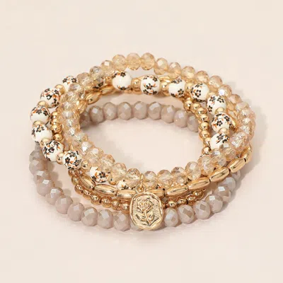 Fashnzfab 5pcs - Flower Stem Embossed Oval Charm Faceted Beaded Stretch Multi Layered Bracelets In Gold