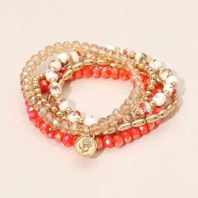 Fashnzfab 5pcs - Flower Stem Embossed Oval Charm Faceted Beaded Stretch Multi Layered Bracelets In Gold